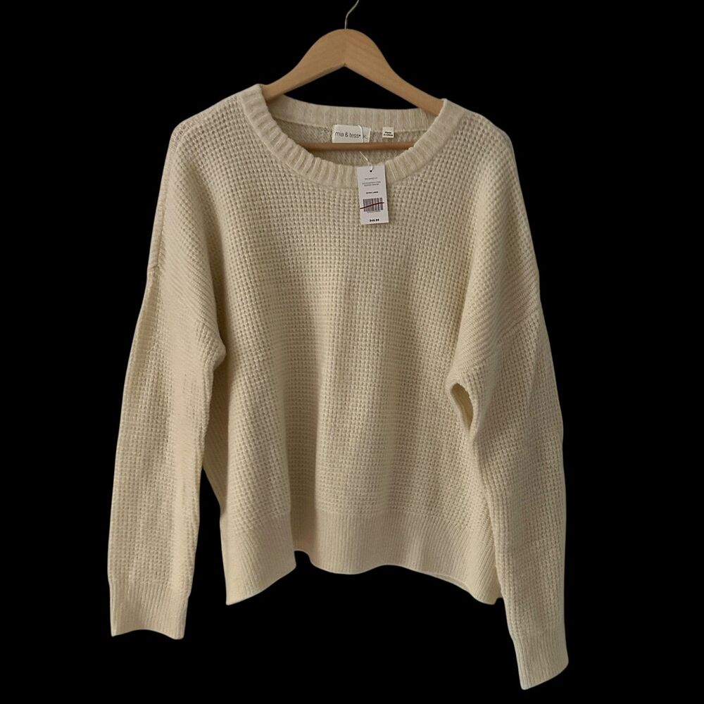 Mia & Tess Cream Oversized Crewneck Waffleknit‎ Pullover Sweater Size XL NWT